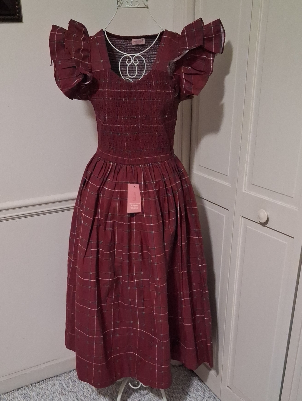 Ivy City Co Burgundy Plaid Midi Dress with Ruffle Puff Sleeves